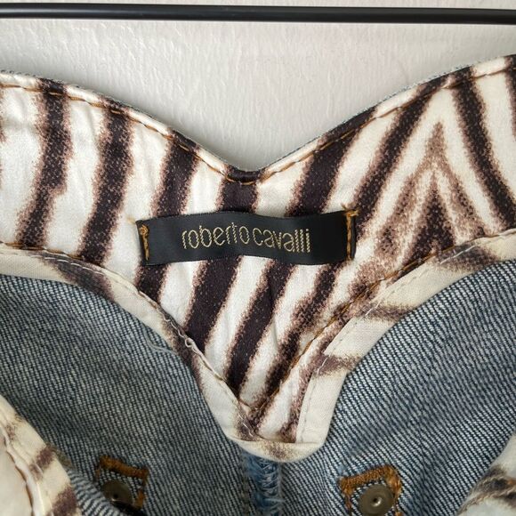 Roberto Cavalli Denim Silk Lined Animal Zebra Print Jean Shorts Size EU 42 - Picture 5 of 8